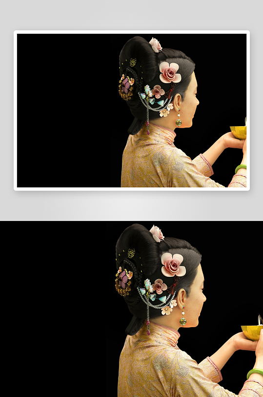 古典仕女手持茶杯优雅姿态-众图网