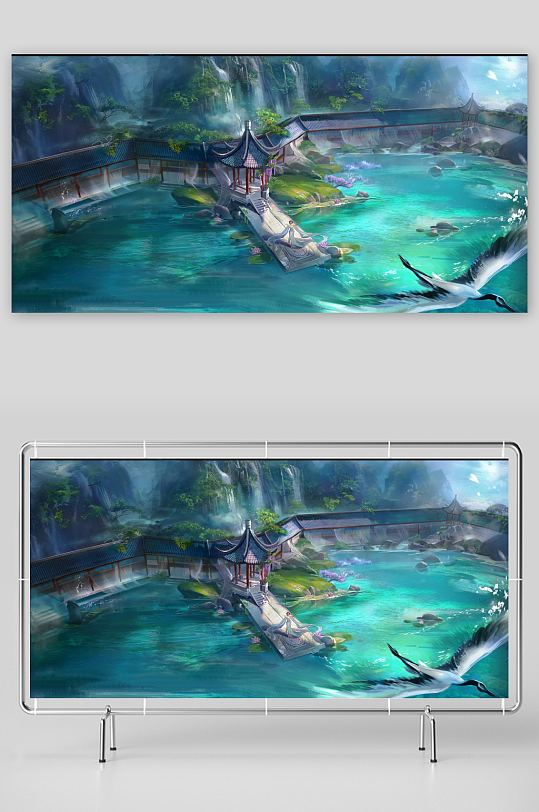 古典园林水景仙鹤飞翔-众图网