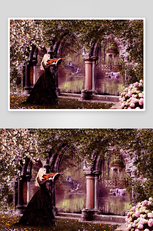 古典女子庭院拉小提琴-众图网