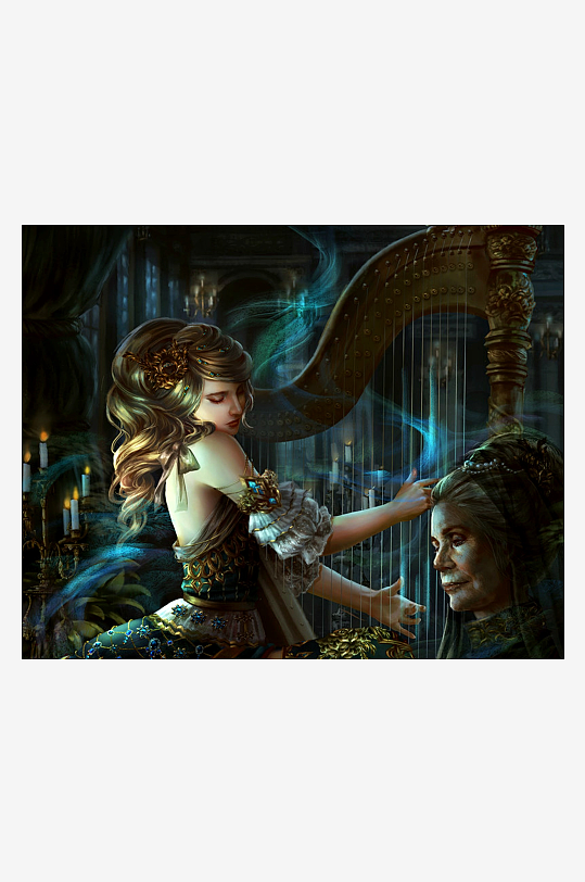 古典女子弹奏竖琴的奇幻场景-众图网