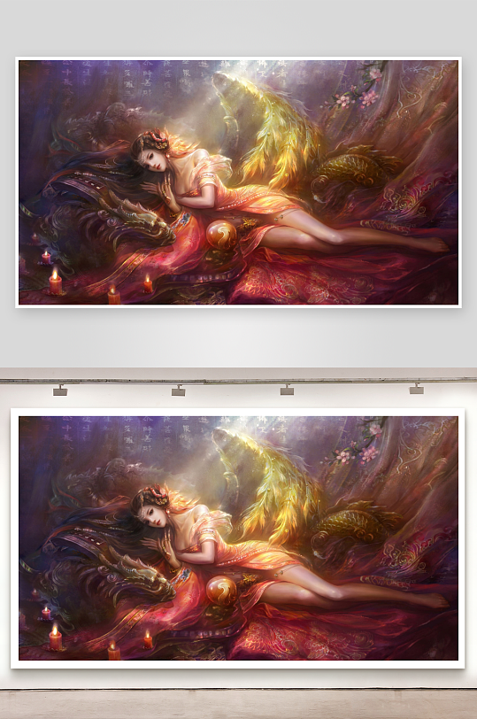 古典美人与神兽共眠画卷-众图网