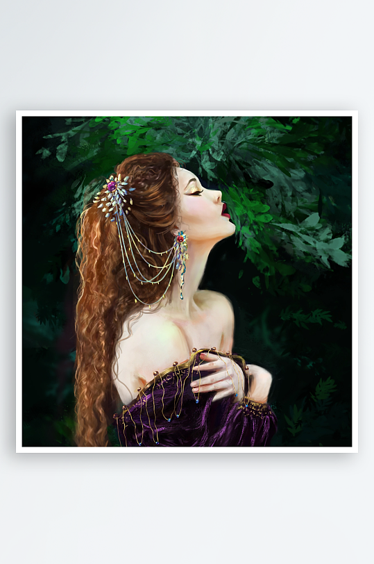 古典美人仰望绿叶背景-众图网