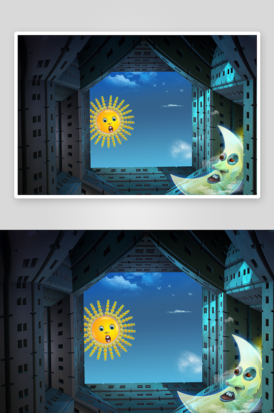 城市高楼间日月同框奇景-众图网