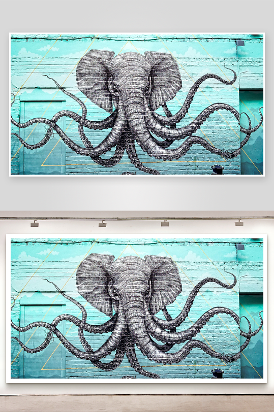 壁画艺术大象与章鱼的奇幻结合-众图网