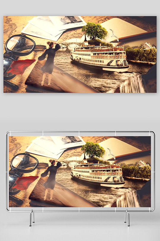 复古风格拼贴画游轮与女子-众图网
