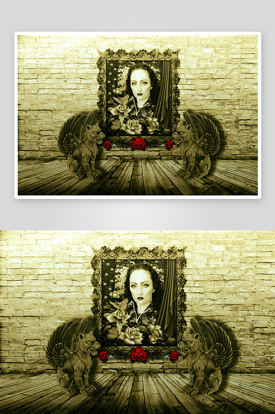 复古风格肖像画与石雕守护兽-众图网