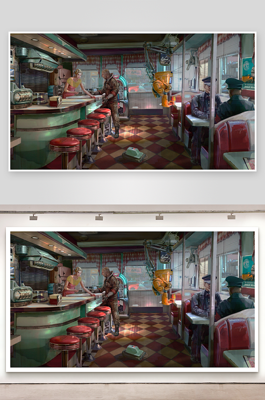 复古餐厅内机械人与顾客互动场景-众图网