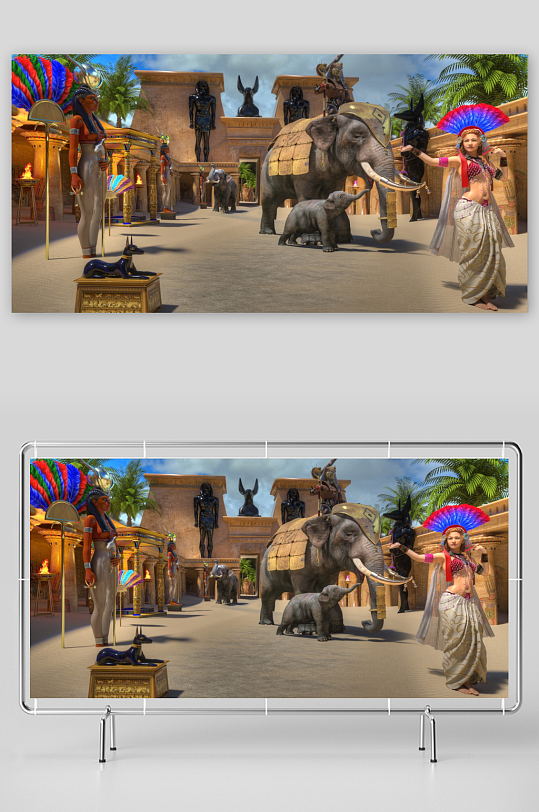 古埃及风格大象与人物场景-众图网