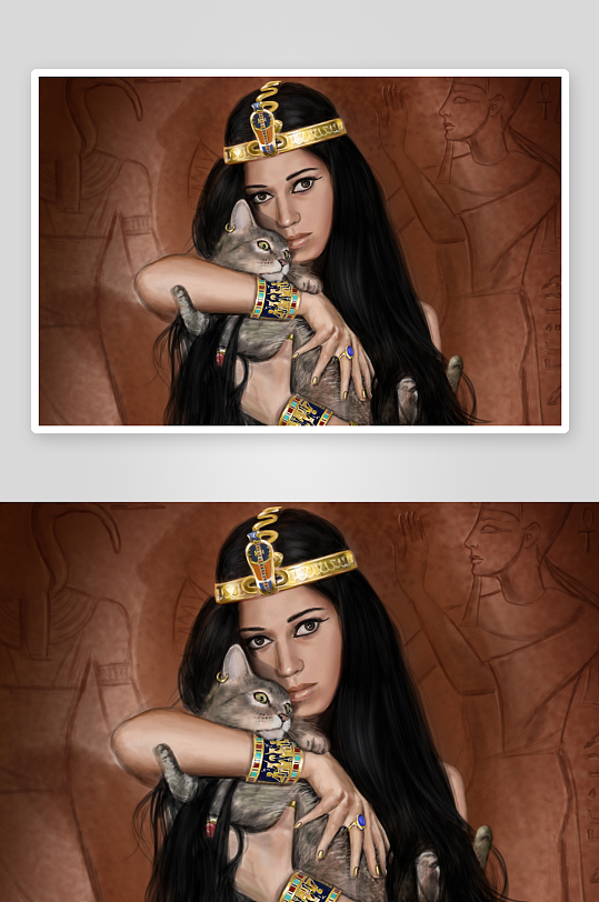 古埃及风格女子怀抱猫的肖像画-众图网