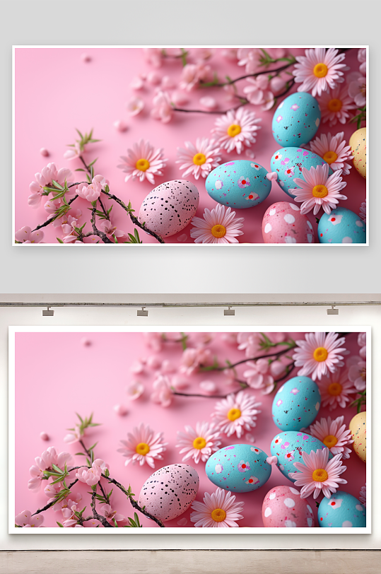 复活节彩蛋与春花粉色背景-众图网