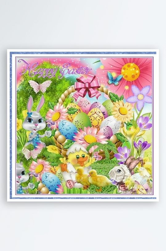 复活节彩蛋兔子花篮欢乐场景-众图网