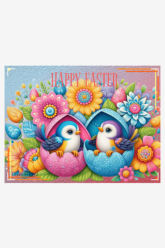复活节彩蛋小鸟花卉贺卡-众图网
