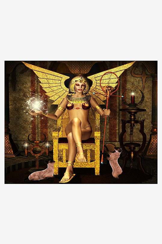 古埃及风格女神端坐金色宝座-众图网