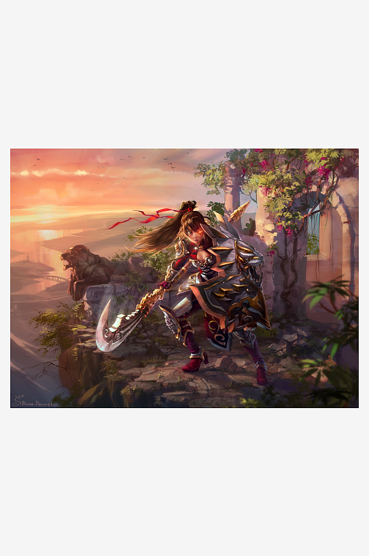 古堡废墟中的女战士持剑而立-众图网