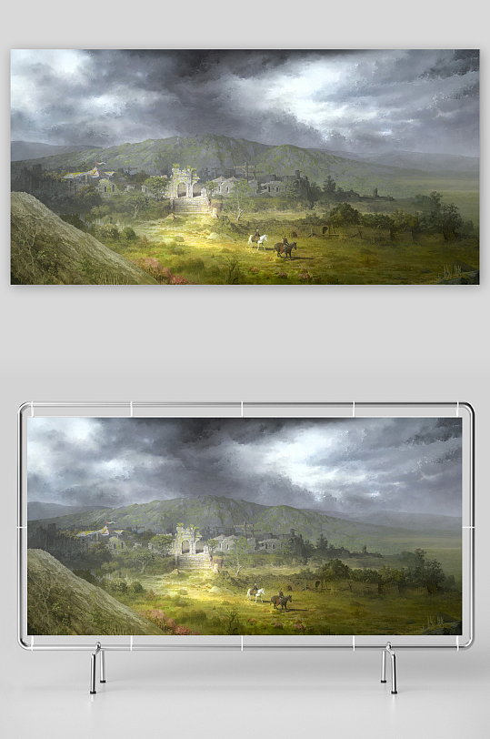 古堡废墟山间云海骑马图-众图网