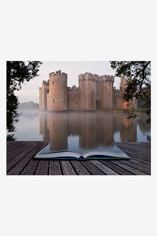 古堡湖畔书本静景-众图网