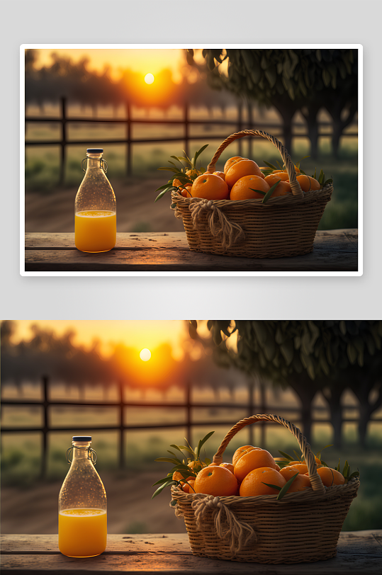 夕阳下橙汁与篮中橙子-众图网