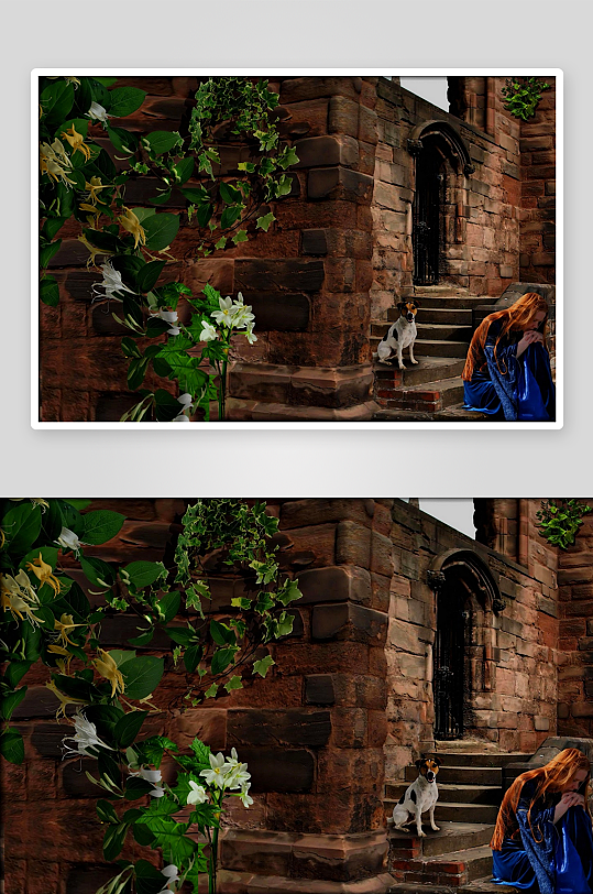 古堡石阶旁女子与犬静坐-众图网