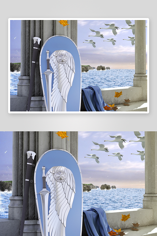 古堡窗前剑盾与飞鹤-众图网