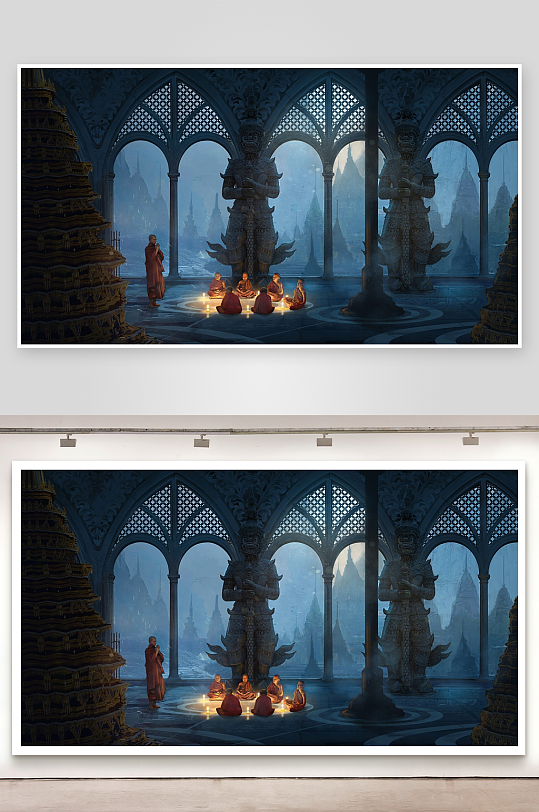 古寺内僧侣冥想雕像环绕-众图网