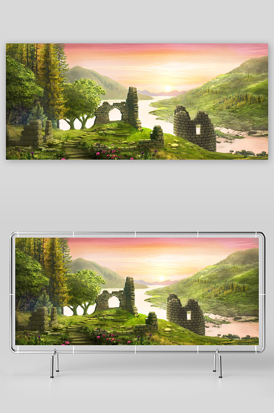 夕阳下的废墟与河流美景-众图网