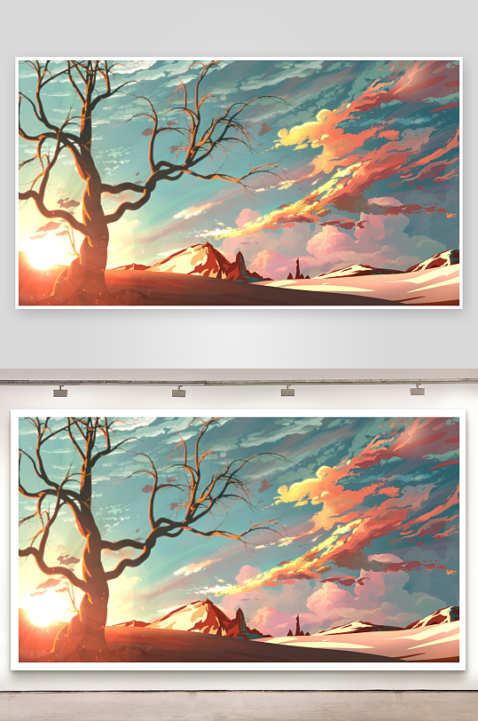 夕阳下的枯树雪山风景画-众图网