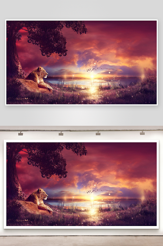 夕阳下的母狮静卧湖畔-众图网