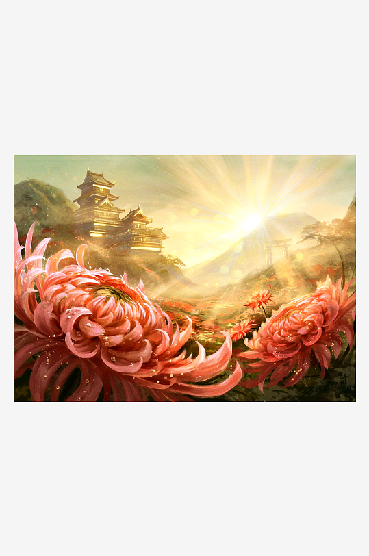 古建筑与菊花的美丽画卷-众图网