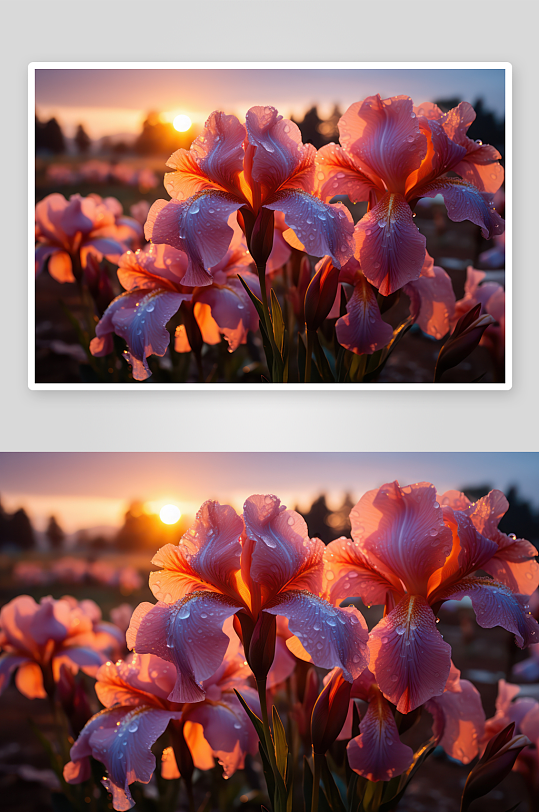 夕阳下的粉鸢尾花露珠-众图网