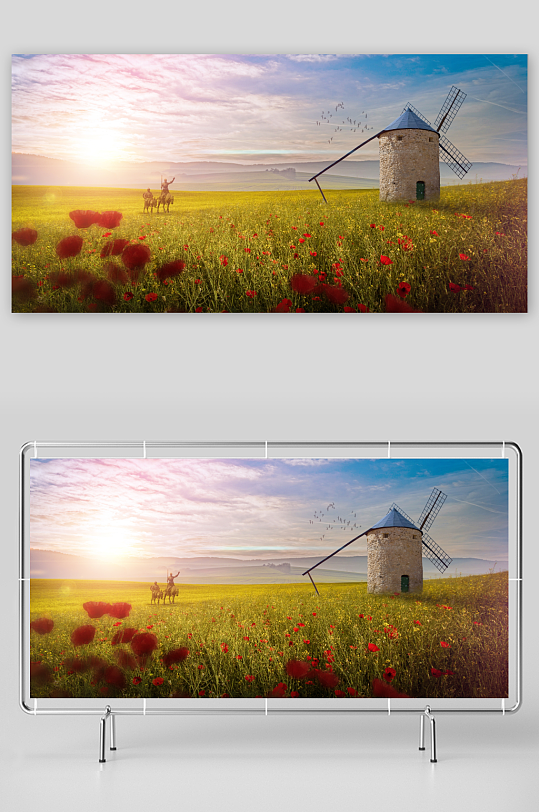 夕阳下的风车与花田骑马人-众图网