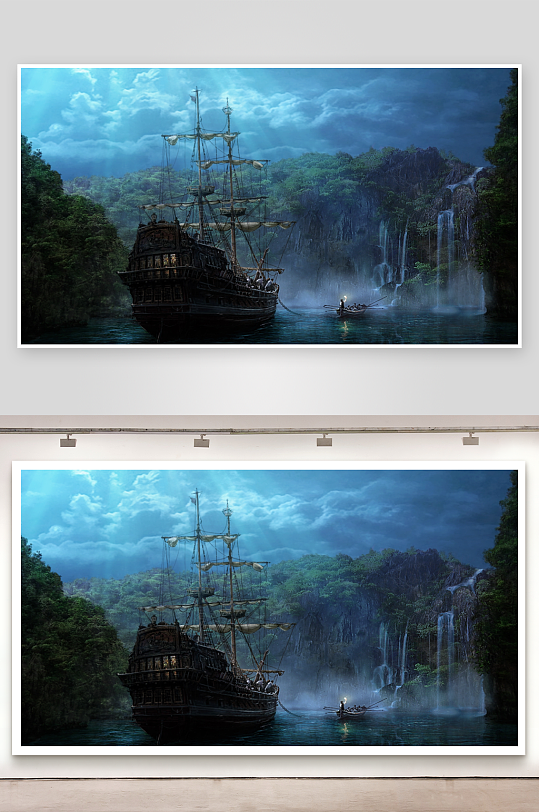 古船停泊瀑布丛林间-众图网