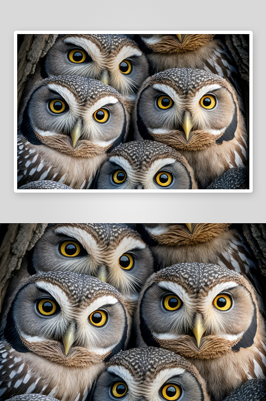 多只猫头鹰聚集树洞内-众图网