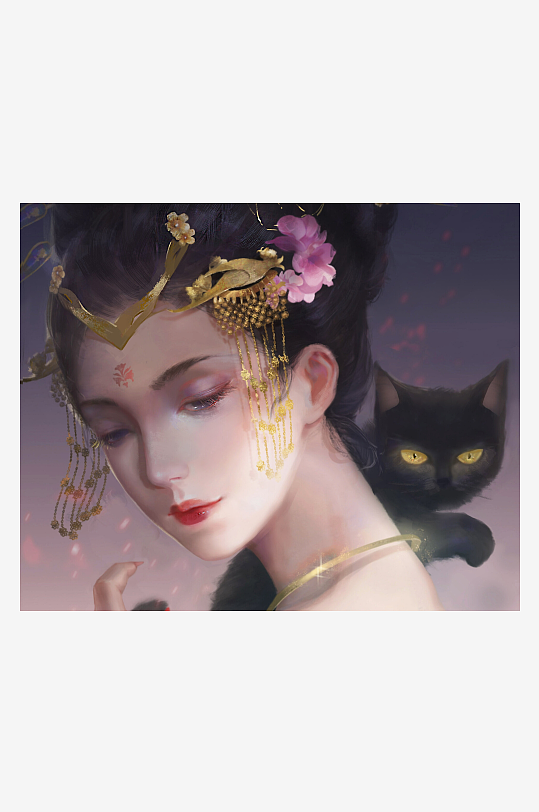 古风仕女与黑猫相伴-众图网