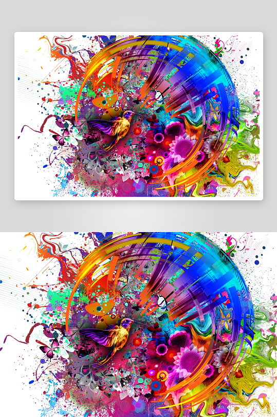 多彩抽象艺术画中的蜂鸟与花卉-众图网