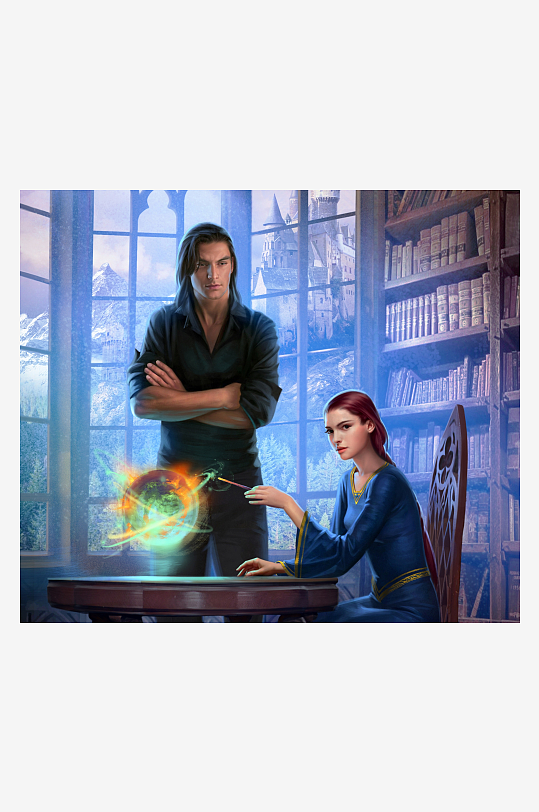 奇幻图书馆中的男女魔法师-众图网