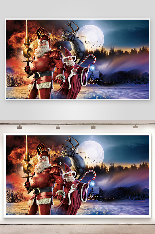奇幻圣诞老人与鹿的冬夜场景-众图网
