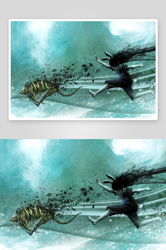 奇幻场景人与虎追逐画面-众图网