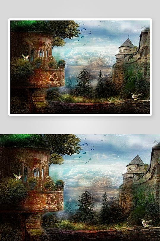 奇幻城堡与飞鸟共舞的梦幻景观-众图网