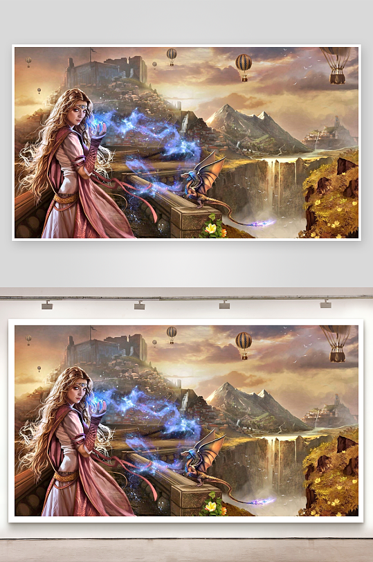 奇幻城堡前的魔法少女与飞龙-众图网