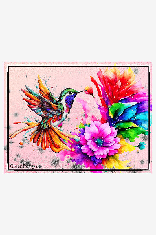 多彩蜂鸟与梦幻花朵艺术画-众图网
