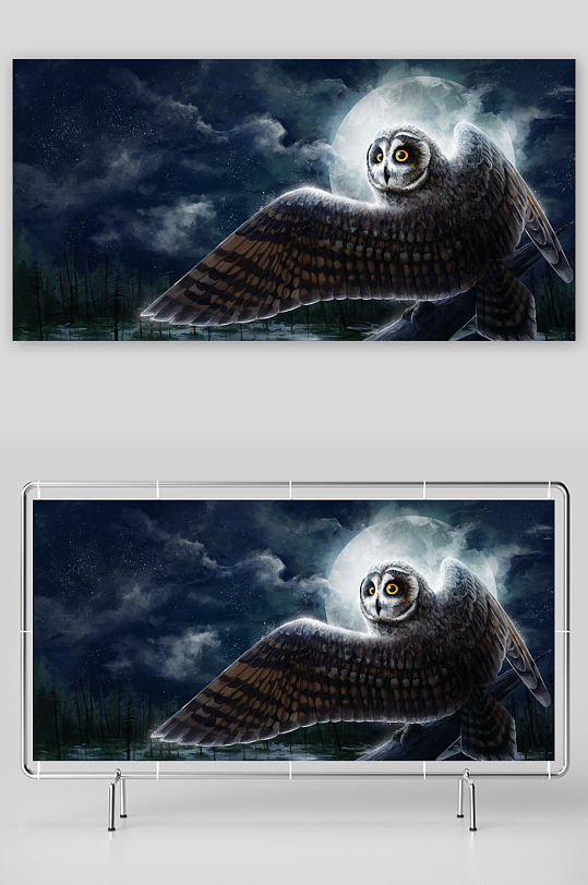 夜幕下展翅的猫头鹰-众图网