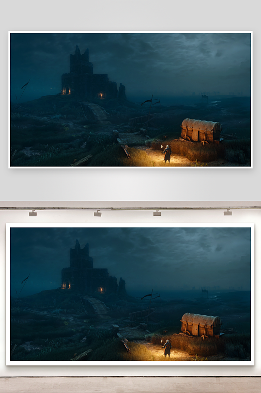 夜幕下的废墟城堡与旅人-众图网