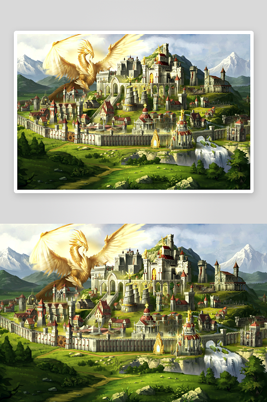 奇幻城堡飞龙翱翔壮丽景观-众图网