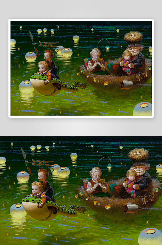 奇幻夜游青蛙与毛船的水上冒险-众图网