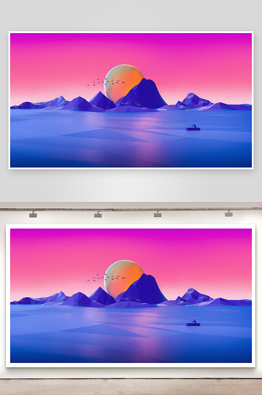 奇幻山水日落孤舟图-众图网