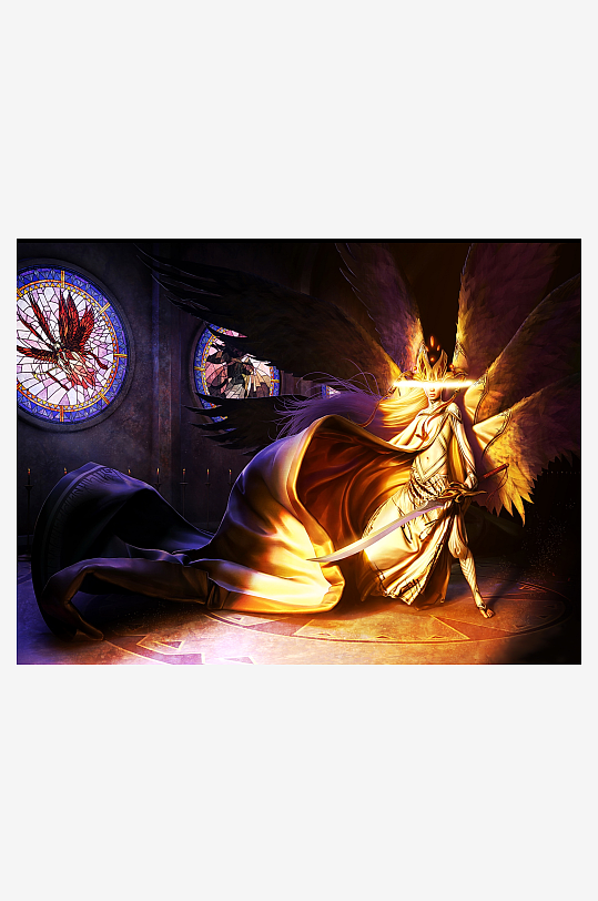 天使挥剑光影交错的神秘场景-众图网