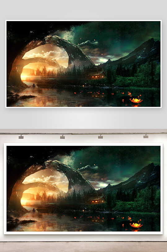 奇幻山洞夜景河流光影-众图网