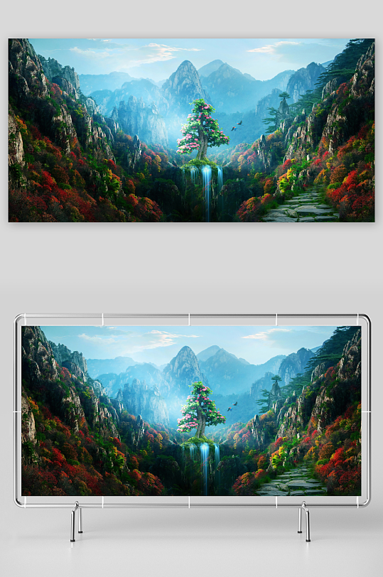 奇幻山林瀑布奇树景观-众图网