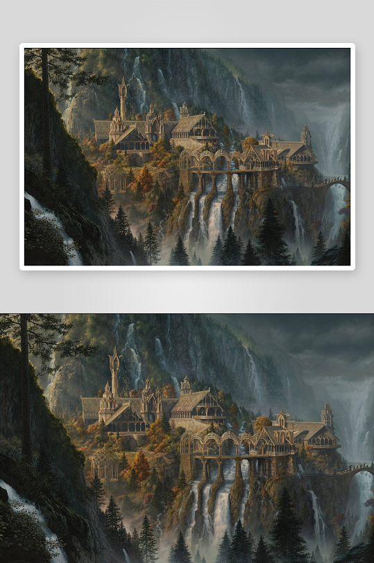 奇幻山间城堡瀑布景观-众图网