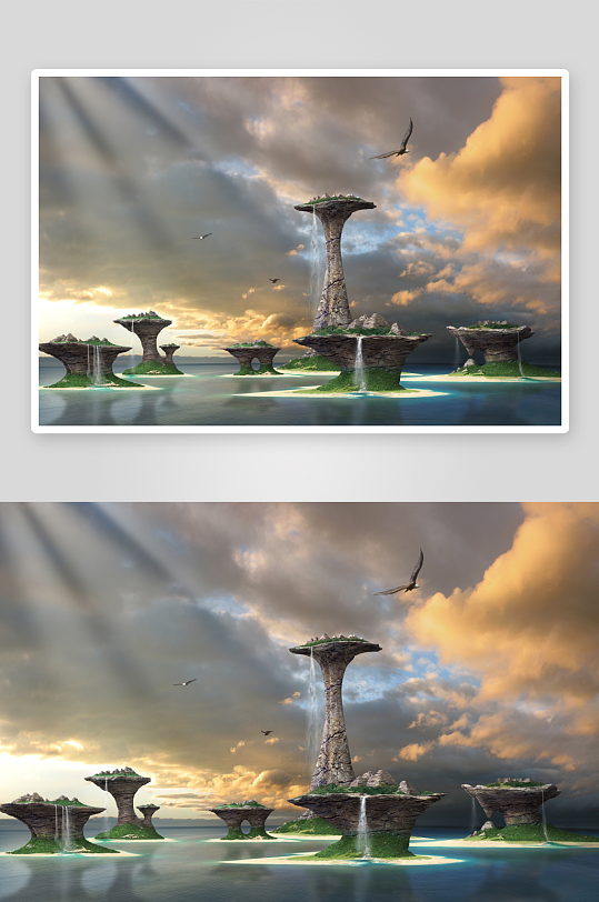 奇幻岛屿云海飞鸟景象-众图网